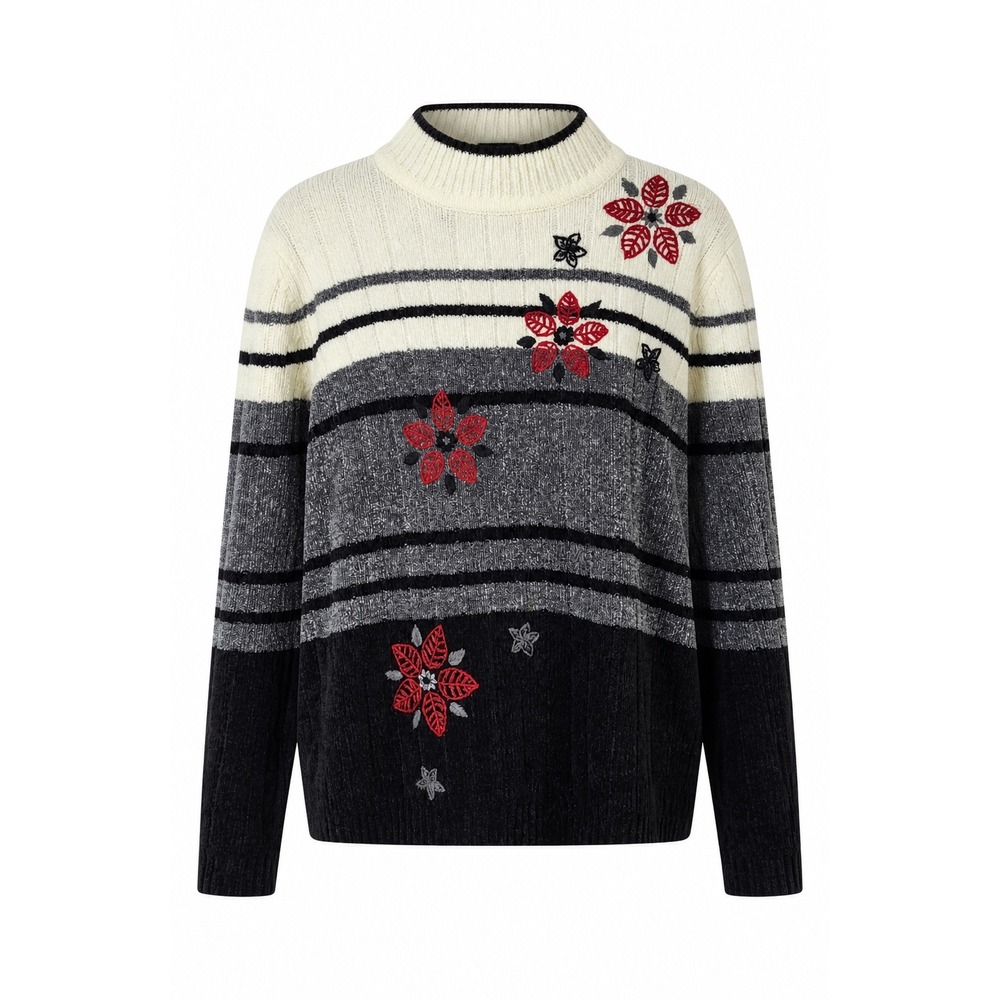 Alfred Dunner L‎ Chenille Mock Neck Sweater Gray Black Ivory Floral Embroidery